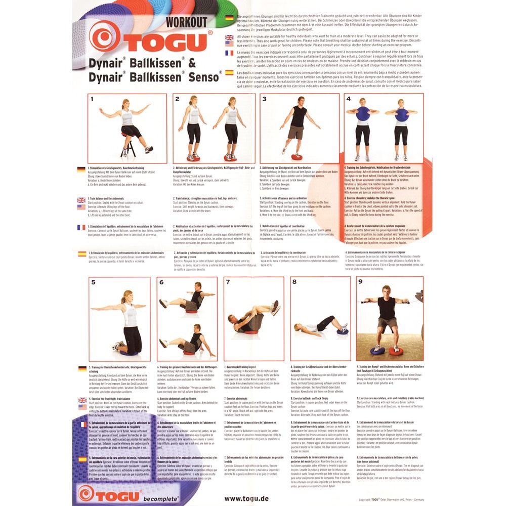 Poster mit Übungen für Dynair Ballkissen. Text: TOGU Dynair Ballkissen & Dynair Ballkissen Senso. Mehrere Sprachen.