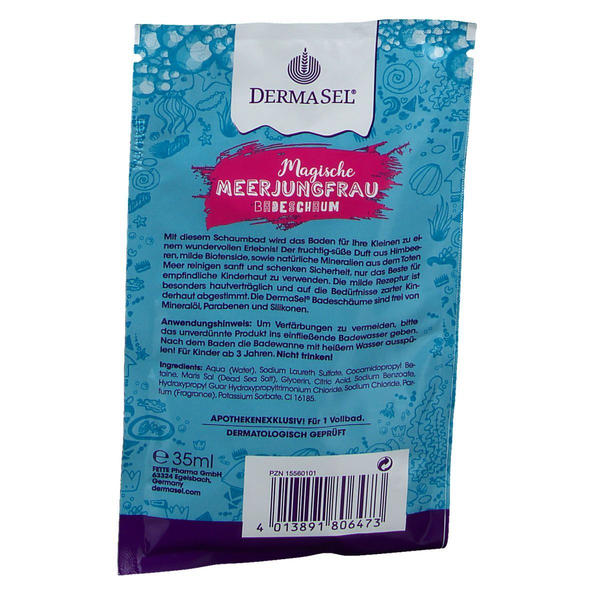 DERMASEL Schaumbad Meerjungfrau. Blaue Verpackung mit Text und Inhaltsangaben. 35ml.