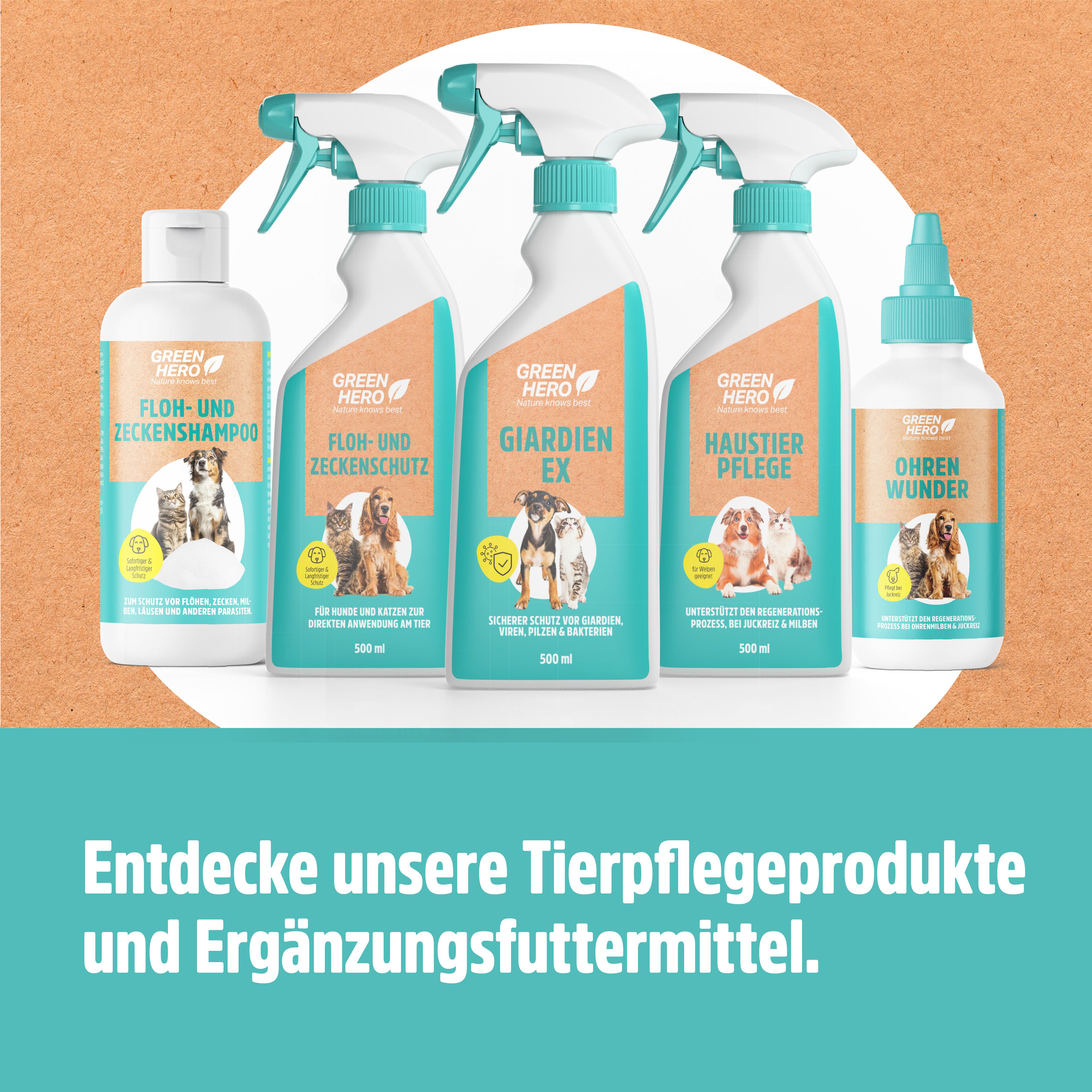 Verschiedene Tierpflegeprodukte. Text: Entdecke unsere Tierpflegeprodukte und Ergänzungsfuttermittel.