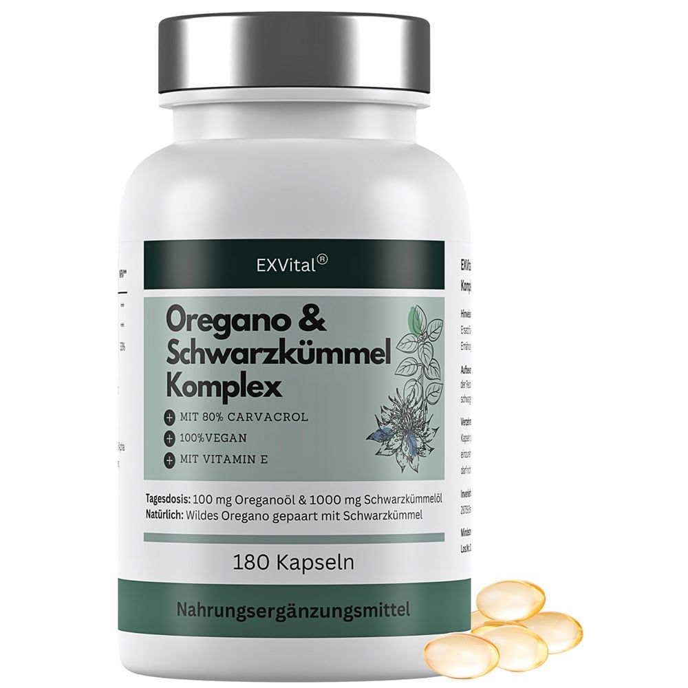 Weiße Flasche mit schwarzen und grünen Etiketten. Enthält 180 Kapseln. Aufschrift: EXVital Oregano & Schwarzkümmel Komplex.