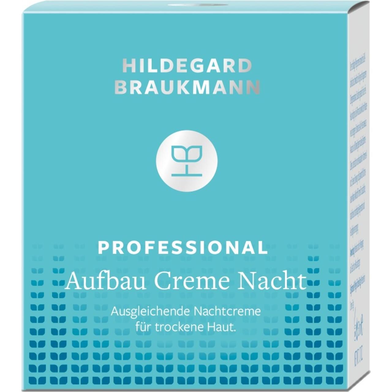 Türkisfarbene Schachtel. Aufschrift: Hildegard Braukmann, Professional Aufbau Creme Nacht. Ausgleichende Nachtcreme für trockene Haut.
