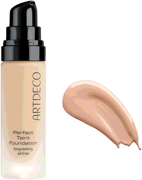 Foundation-Flakon mit schwarzem Pumpverschluss und Farbprobe. Aufschrift: ARTDECO, Perfect Teint Foundation, long-lasting, oil-free.
