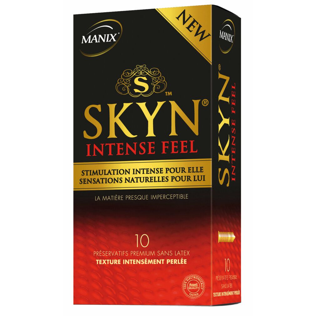 Schwarze Schachtel mit SKYN-Logo und Text. Enthält 10 Kondome. Aufschrift: Intense Feel, Stimulation intense pour elle.