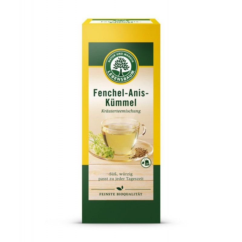 Confezione gialla con logo e testo. Illustrazione di una tazza di tè. Testo: Fenchel-Anis-Kümmel, miscela di erbe, qualità biologica.