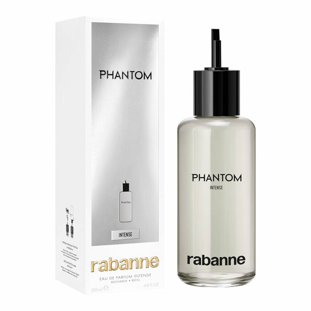 Klarer Flakon mit schwarzem Verschluss und Aufschrift Phantom Intense. Marke Rabanne unten. Flüssigkeit sichtbar.