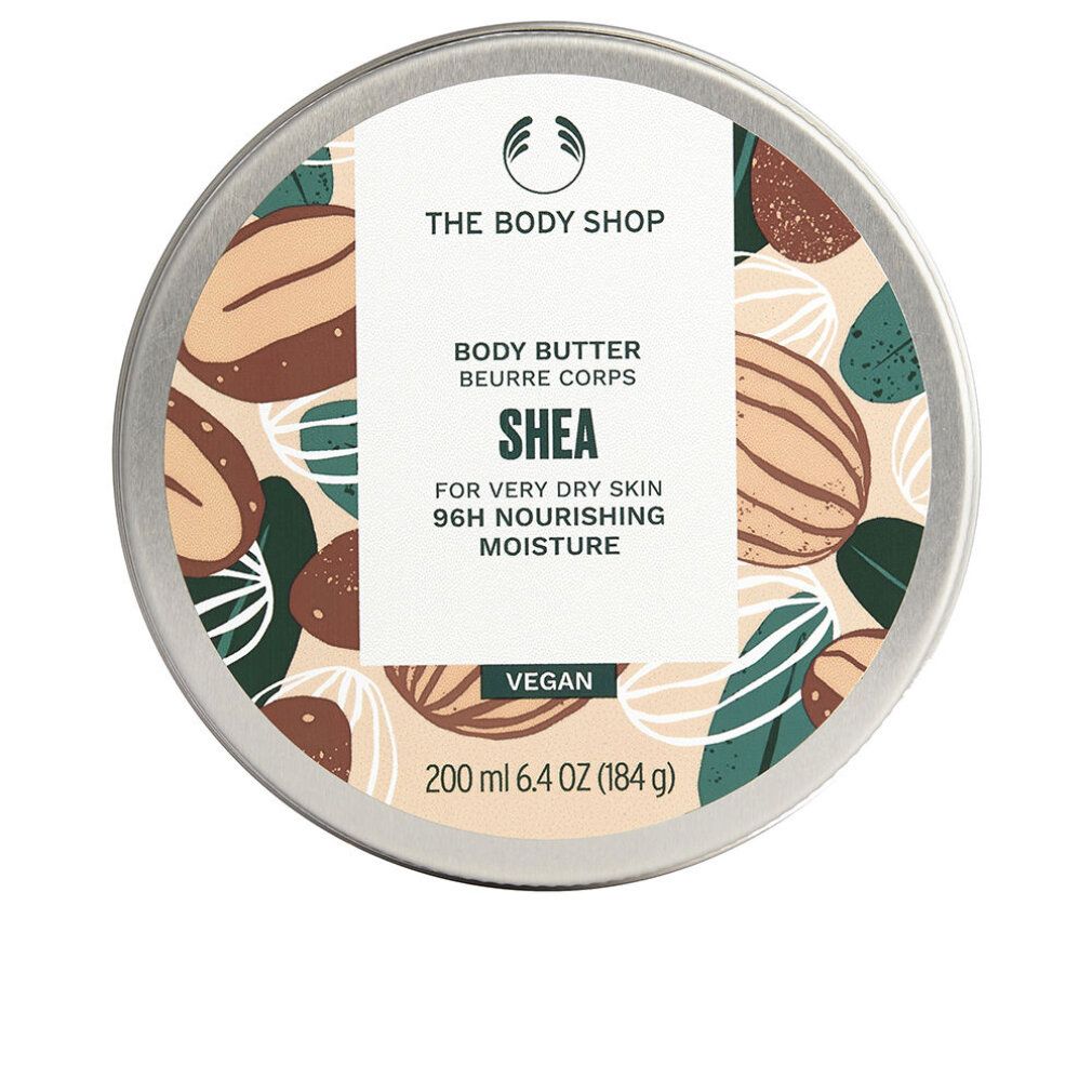 Runde, silberne Dose mit Deckel. Aufschrift 'Body Butter Shea'. Marke: The Body Shop. Vegan.
