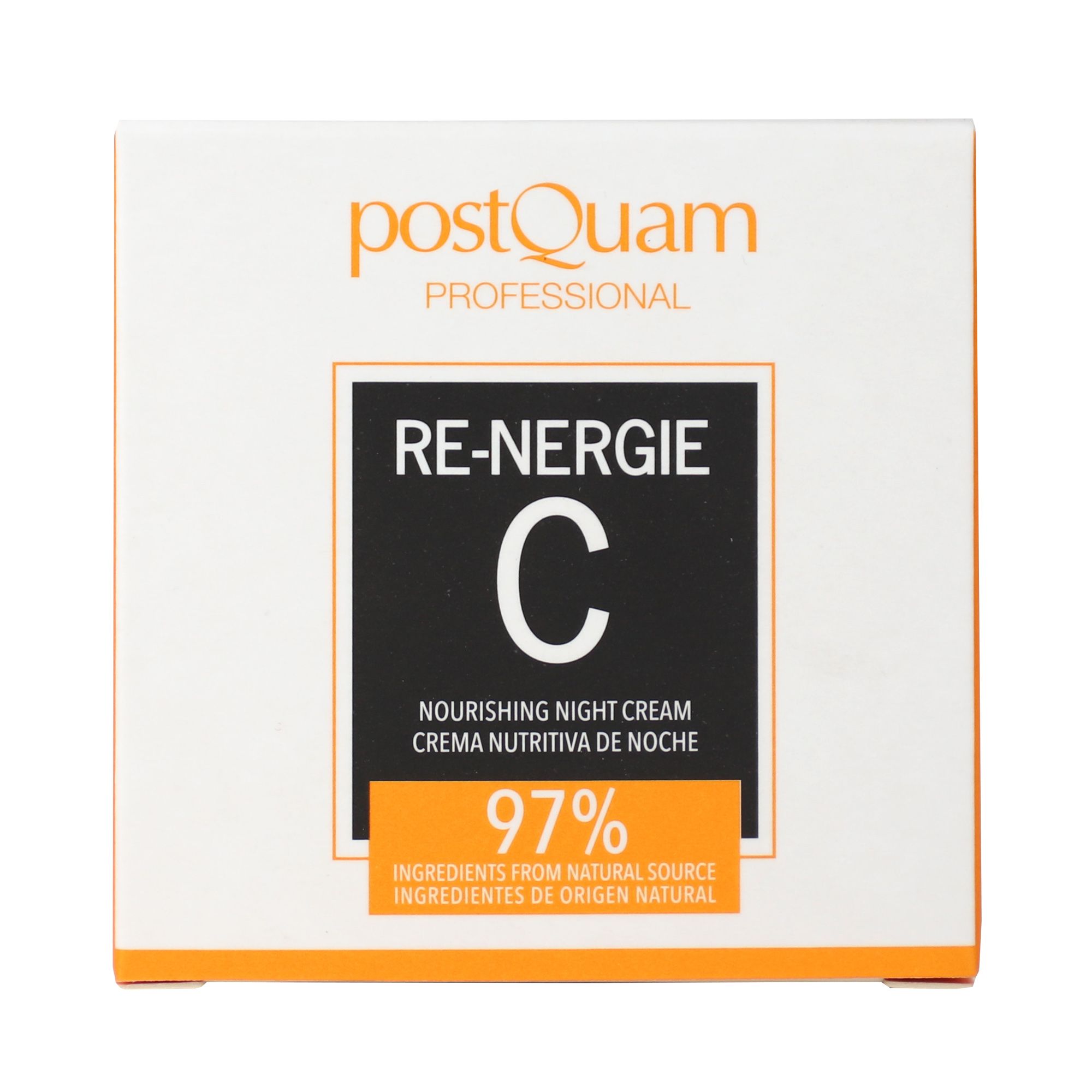 Weiße Verpackung. Aufschrift: PostQuam, Re-Nergie C, Creme Nutritiva de Noche, 97% Inhaltsstoffe natürlichen Ursprungs.