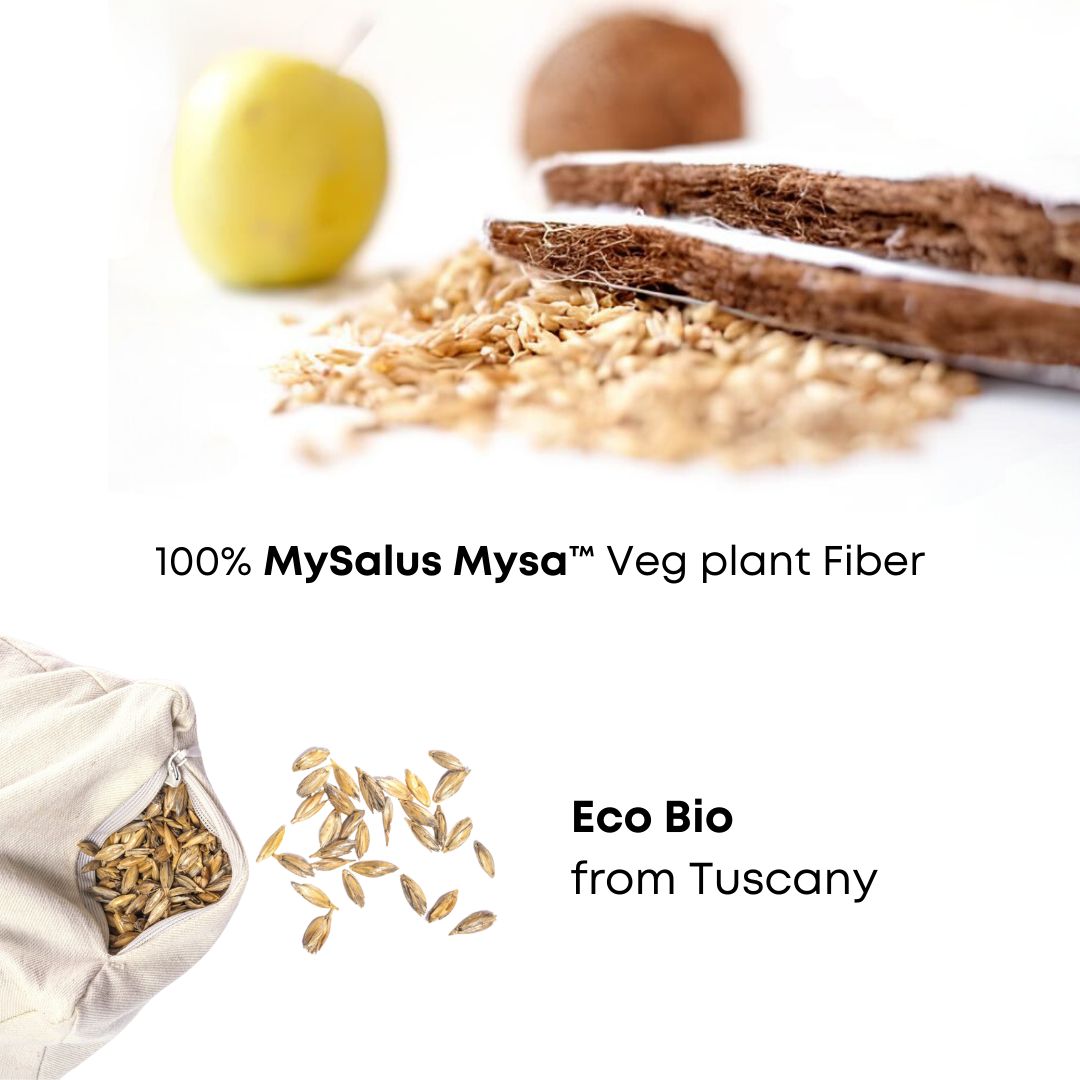 Nahaufnahme von Füllmaterialien: Getreide, Kokosfasern. Text: 100% MySalus Mysa Veg plant Fiber. Eco Bio aus der Toskana.
