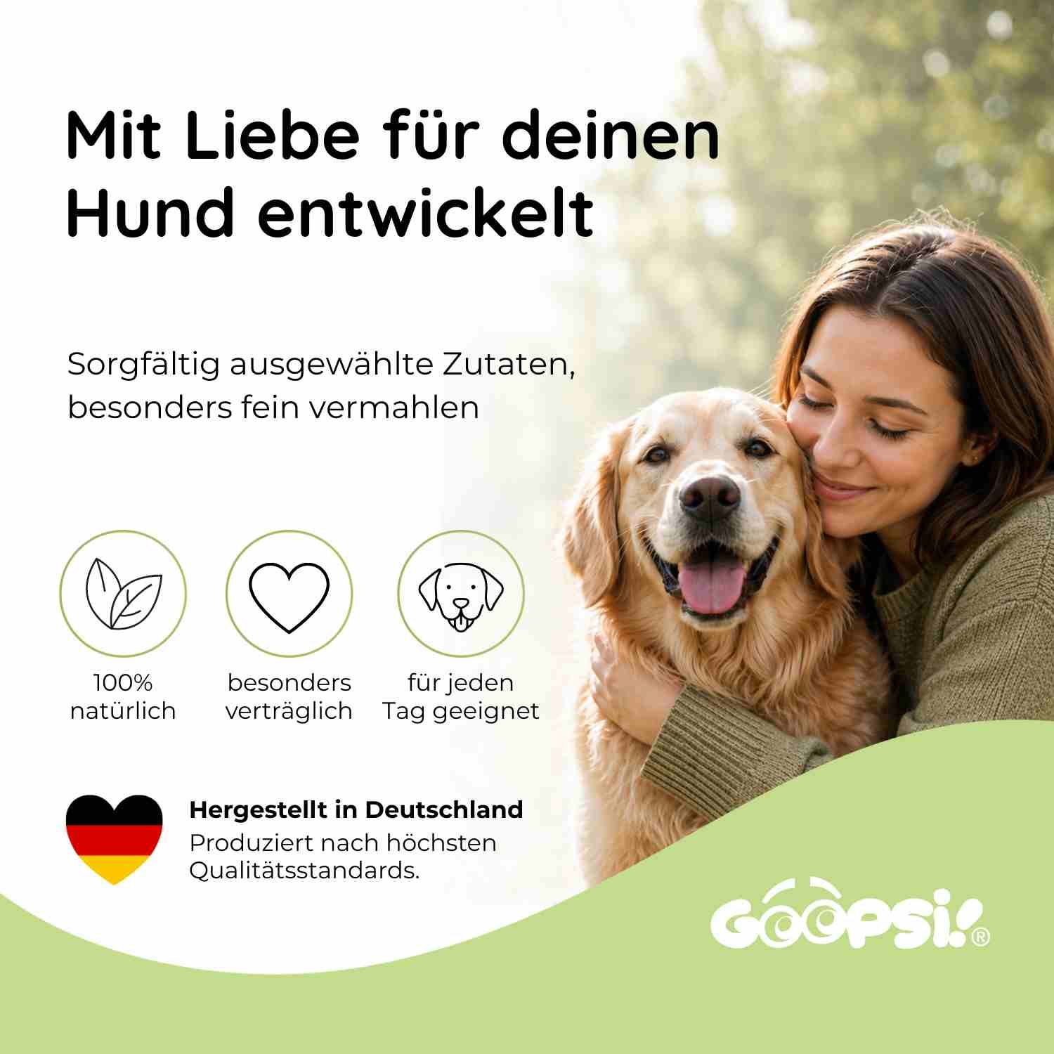 Hundefutterdose "Futterzusatz Fellglanz" neben einem Hund. Dosierung nach Gewicht.