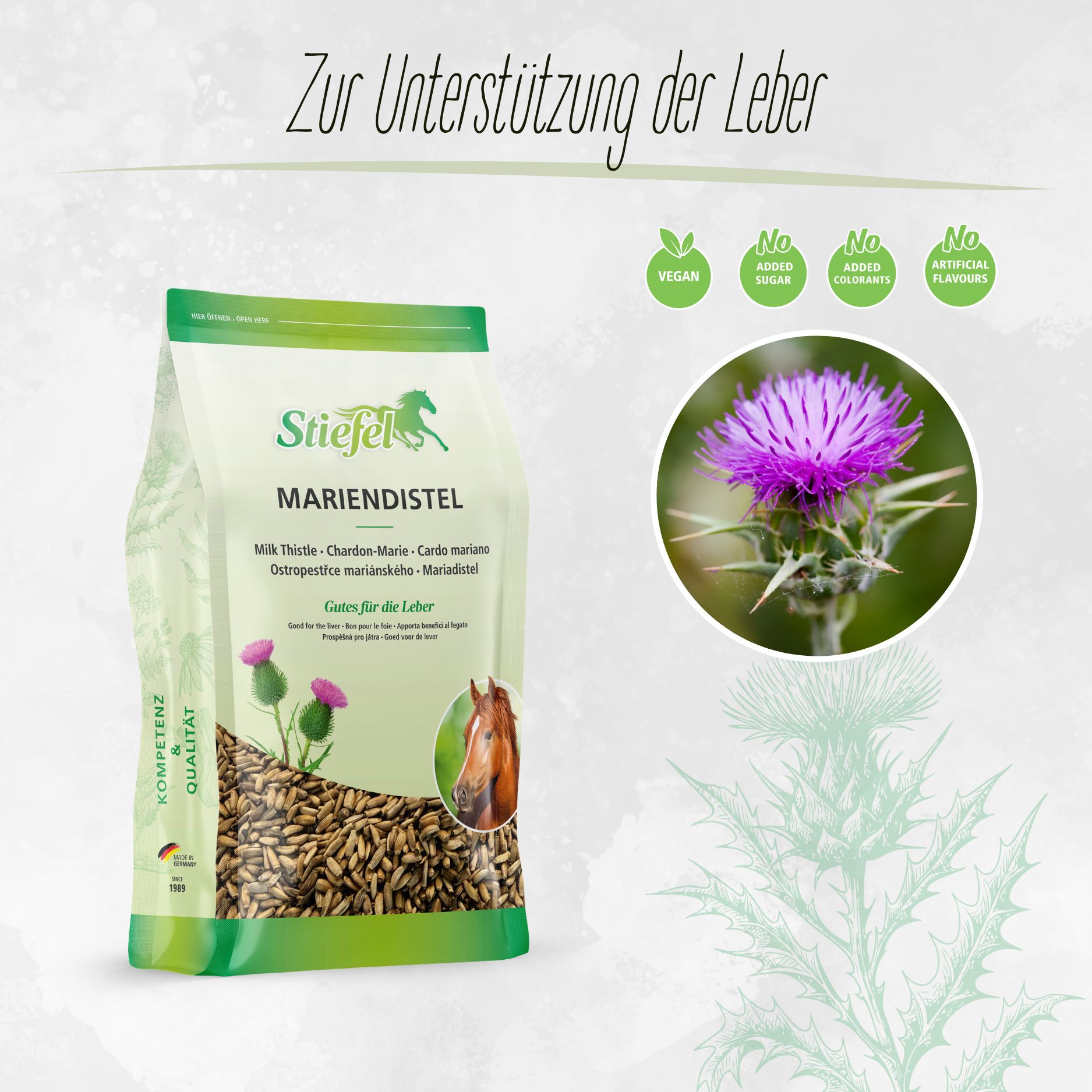 Beutel mit Mariendistelsamen. Grün-weißes Design mit Produktname, Illustrationen und Logos. Vegan, ohne Zucker, ohne Farbstoffe, ohne Aromen.