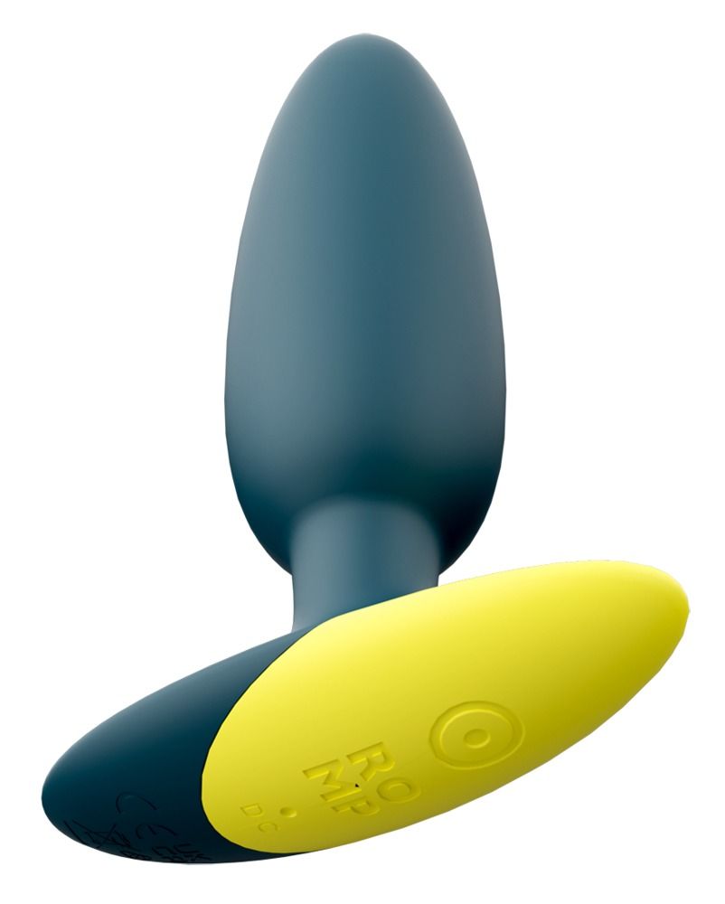 Analplug, blau-gelb. Kegelförmiger Schaft, flache Basis. Gelbe Basis, blaue Spitze. ROMP-Logo auf der Basis.