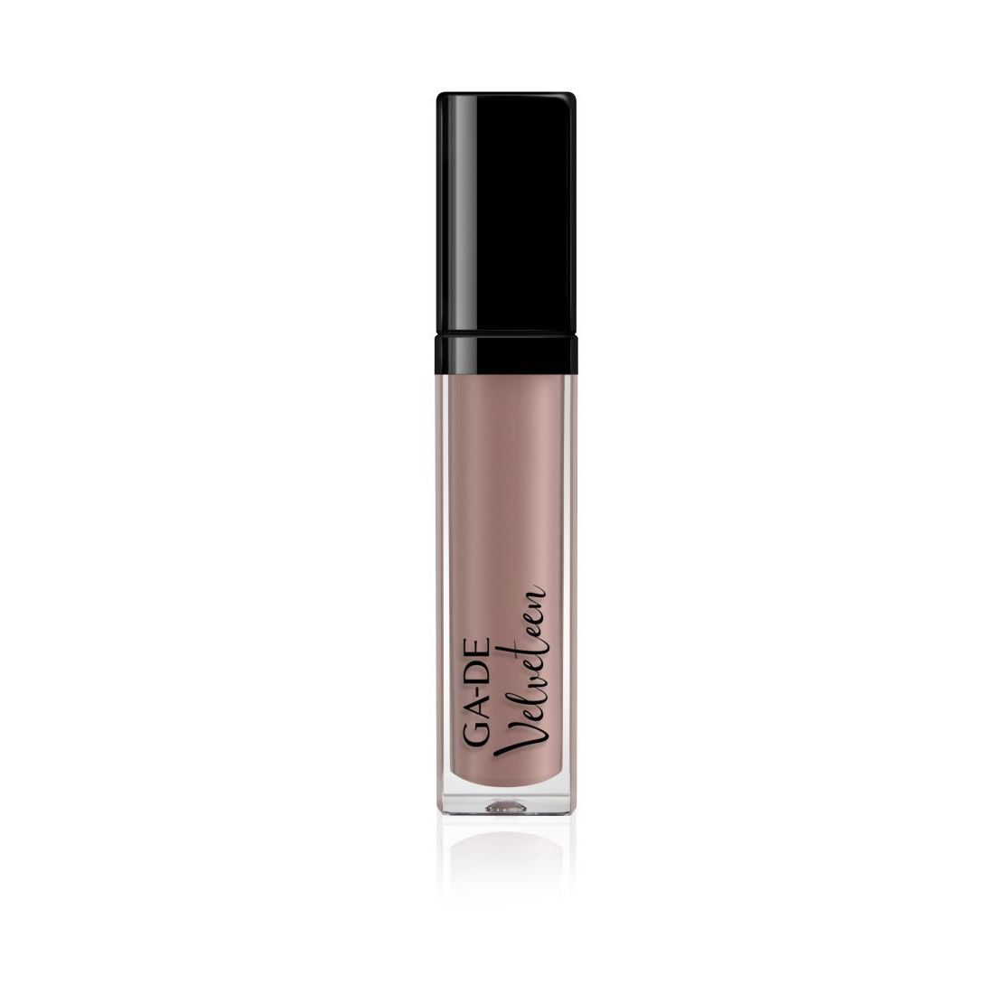 Ga-De Velveteen Ultra Shine Lip Gel. Beige-farbener Lipgloss in rechteckiger, transparenter Hülle mit schwarzem Deckel. Schriftzug.