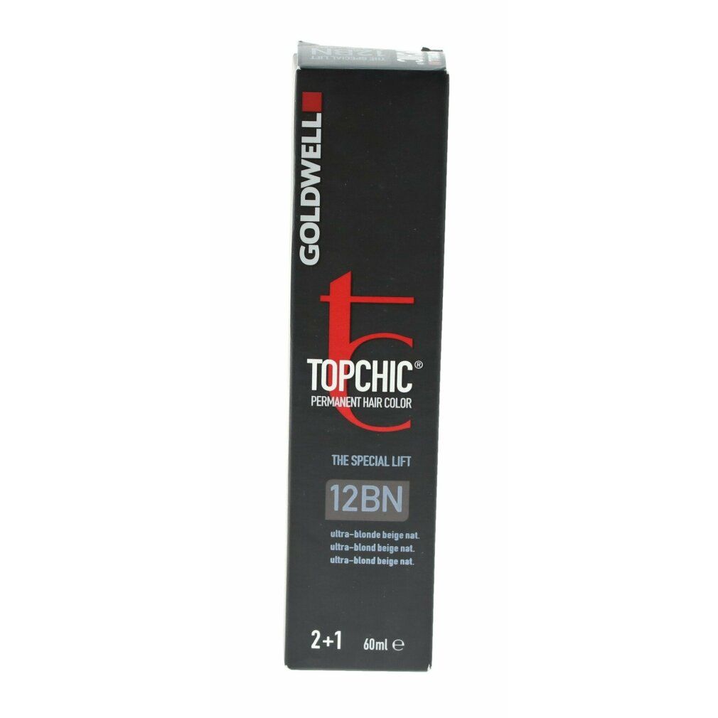 Goldwell Topchic Haarfarbe-Verpackung. Schwarz mit rotem Logo und Produktbezeichnung. 12BN ultra blond beige naturell.