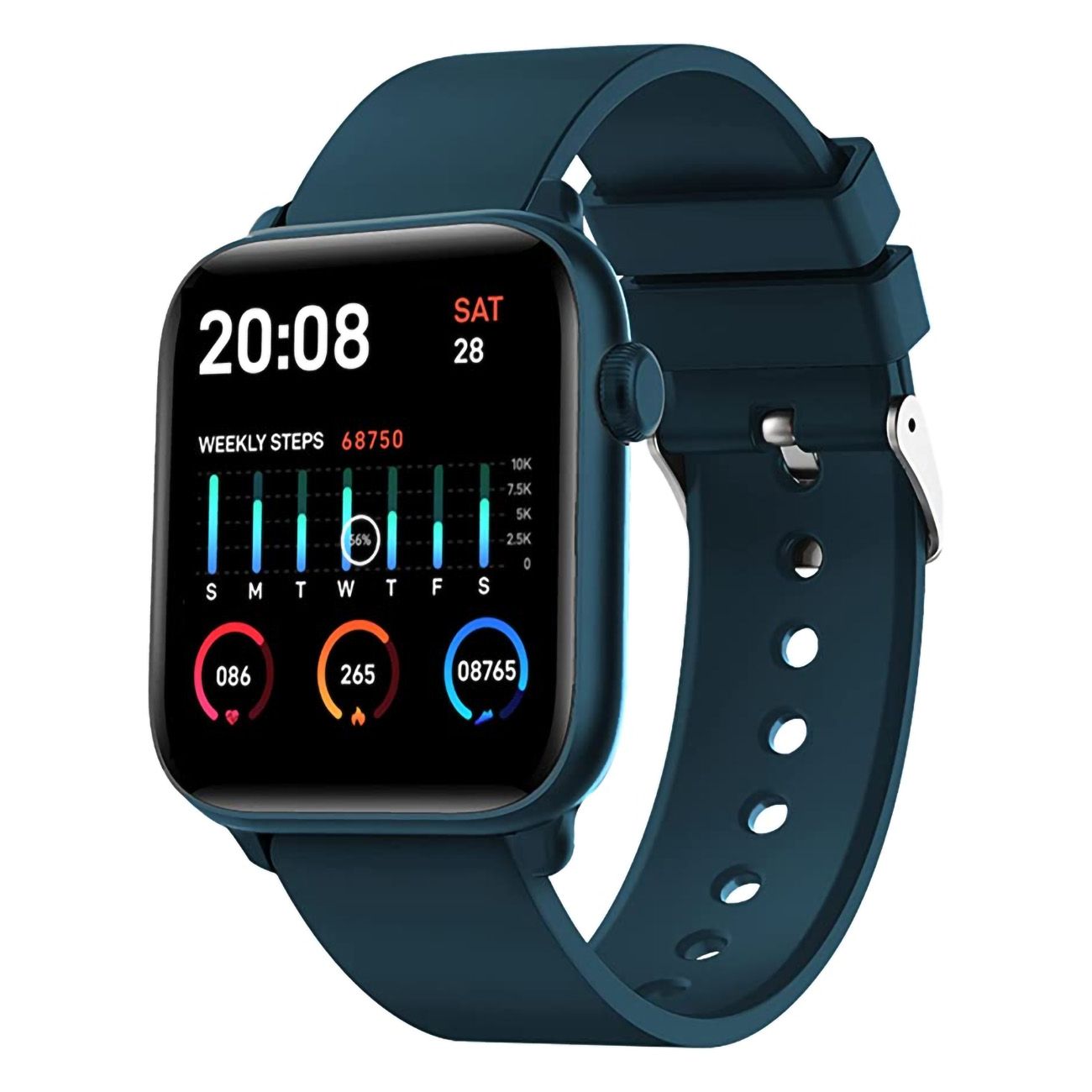 Blauer Fitnesstracker mit quadratischem Display. Zeigt Uhrzeit, Datum und Gesundheitsdaten an. Silikonarmband.
