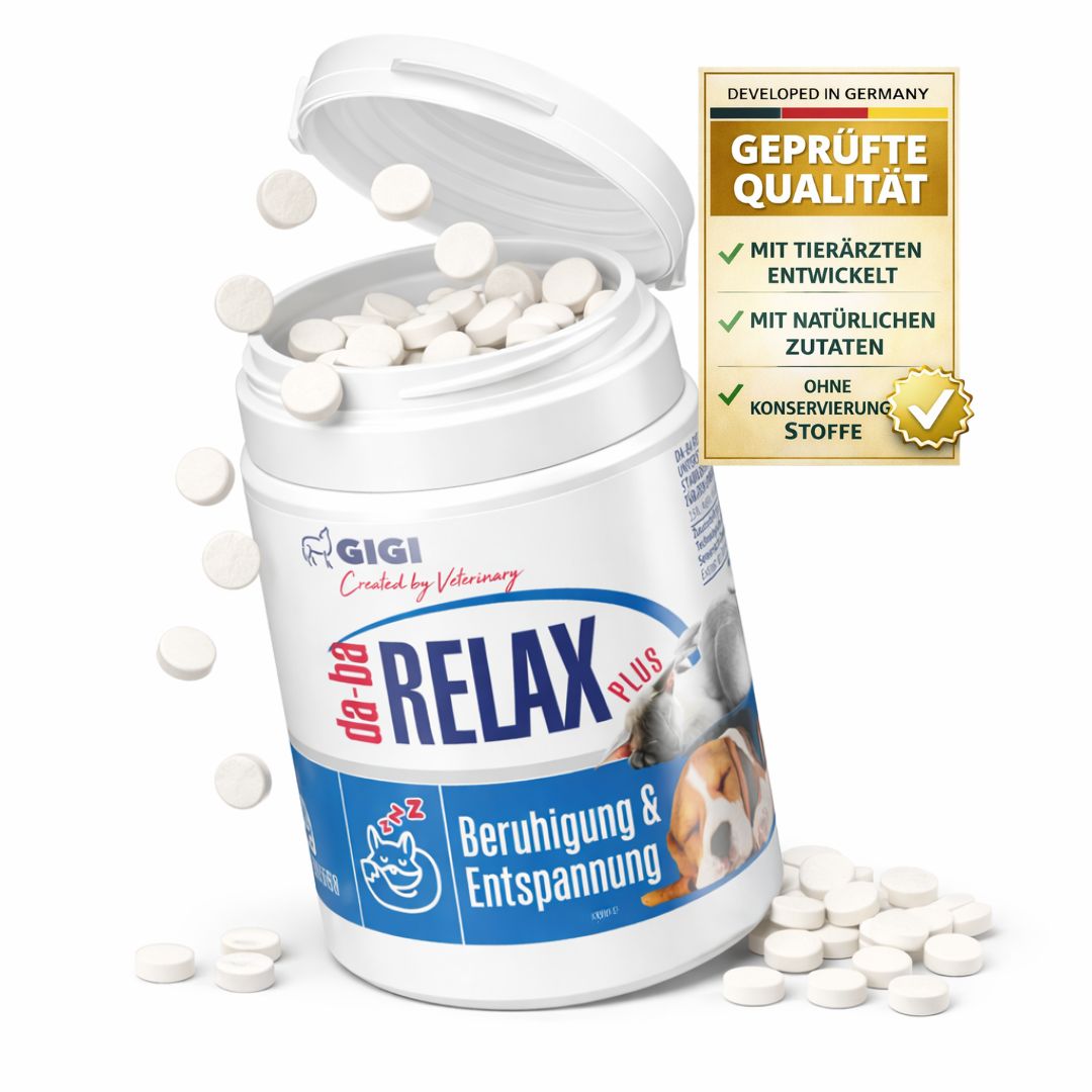 Flasche GIGI VET da-ba RELAX Plus mit Tabletten. Text: Geprüfte Qualität. Mit Tierärzten entwickelt. Ohne Konservierungsstoffe.