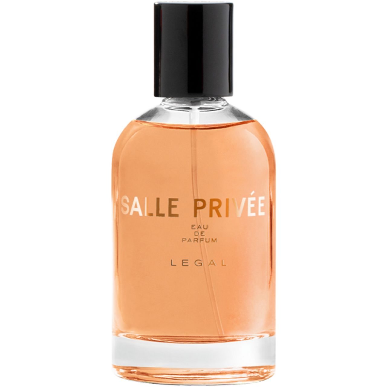 Parfümflasche mit schwarzem Deckel. Aufschrift: SALLE PRIVEE, LEGAL, Eau de Parfum.