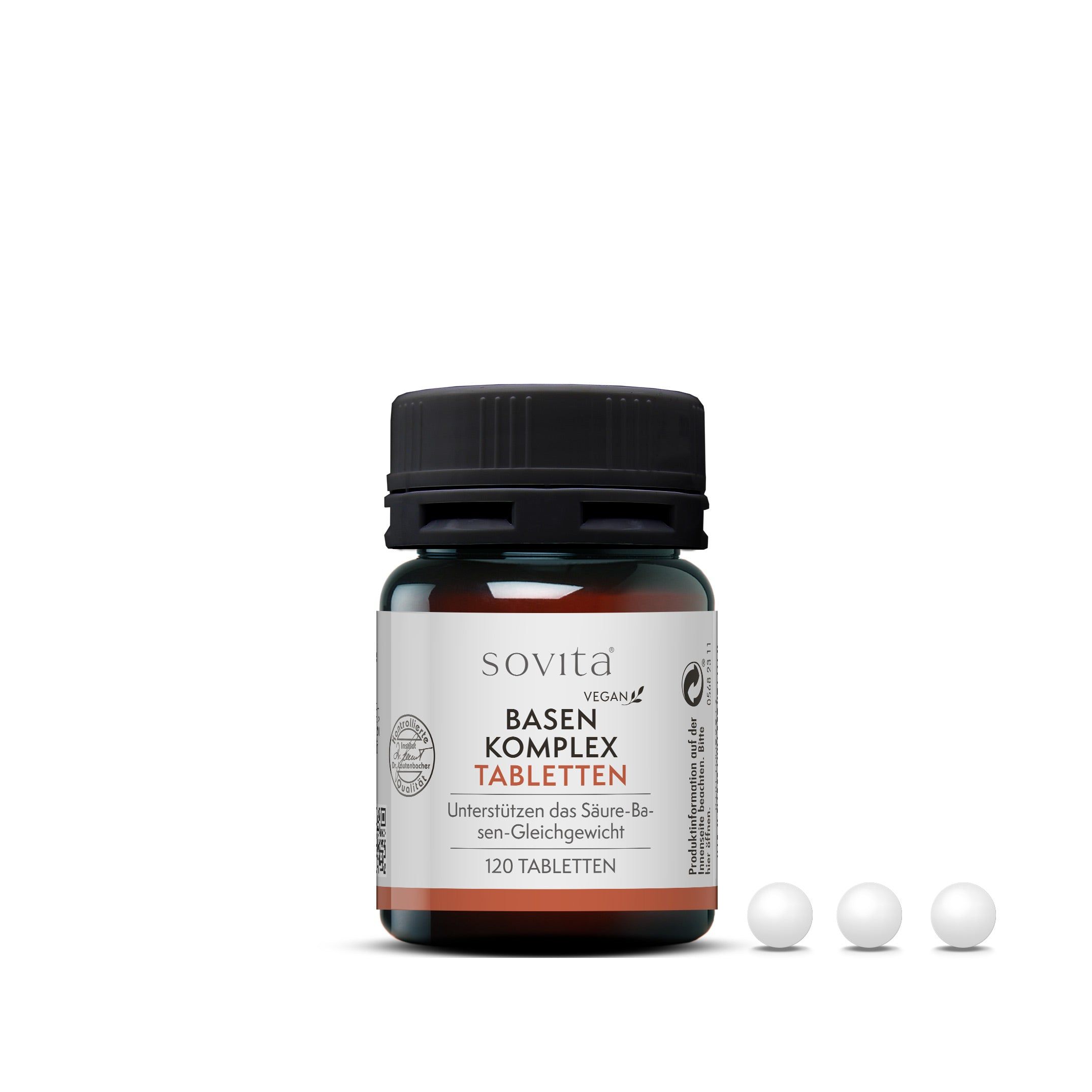 Braune Glasflasche mit schwarzen Deckel und 3 Tabletten. Aufschrift: sovita, Basen Komplex Tabletten, 120 Tabletten.
