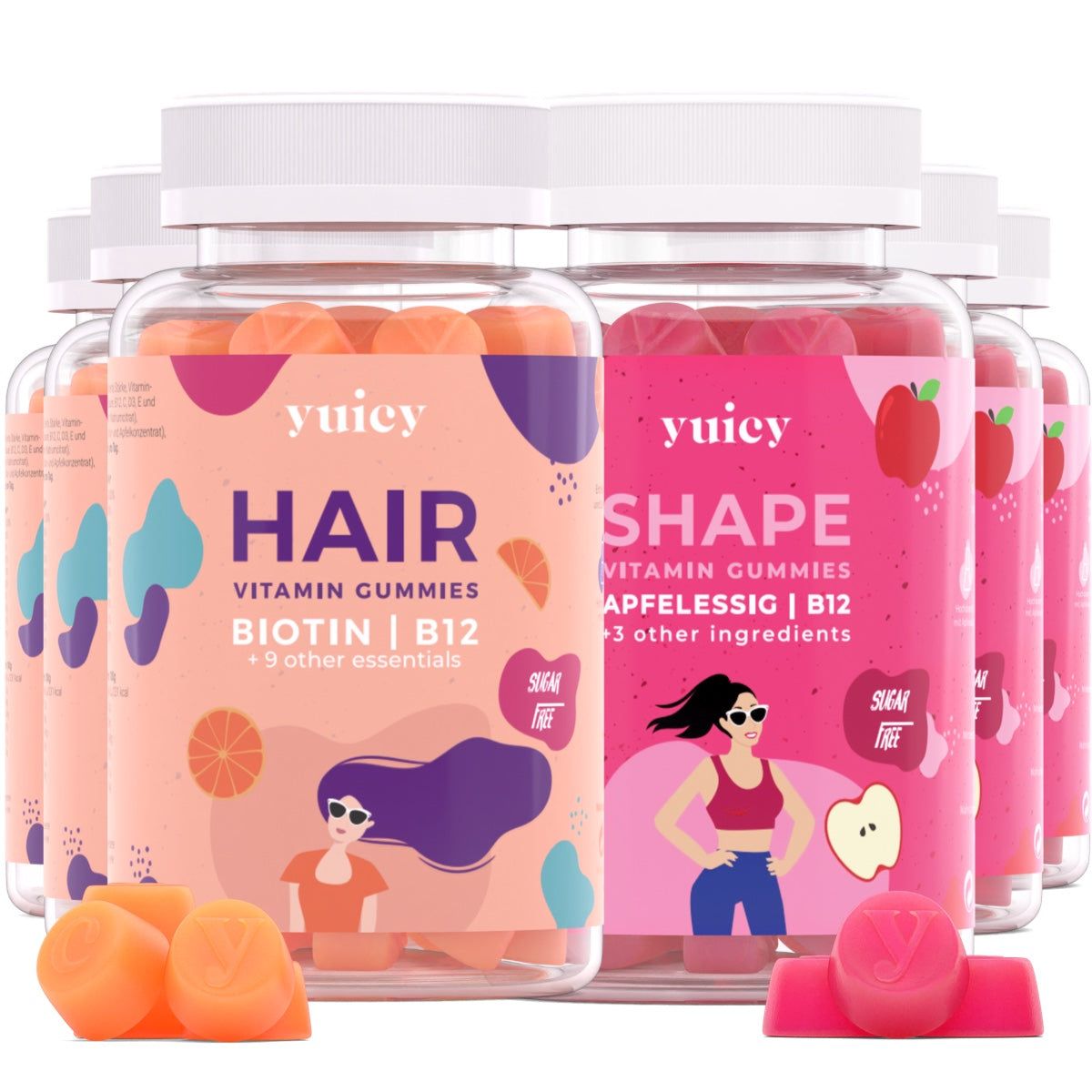 Mehrere Flaschen mit Vitamin-Gummis. Aufschrift: Hair und Shape. Klare Behälter mit weißen Deckeln. Orangen- und rosa Etiketten.