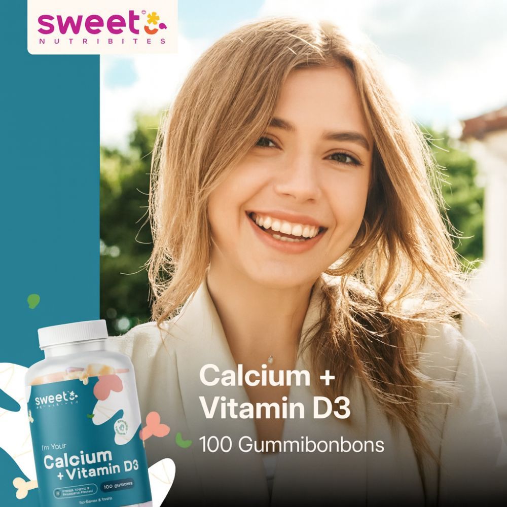 Eine lächelnde Frau mit einer Flasche Sweet Nutribites Calcium + Vitamin D3. Aufschrift: Calcium + Vitamin D3, 100 Gummibonbons.