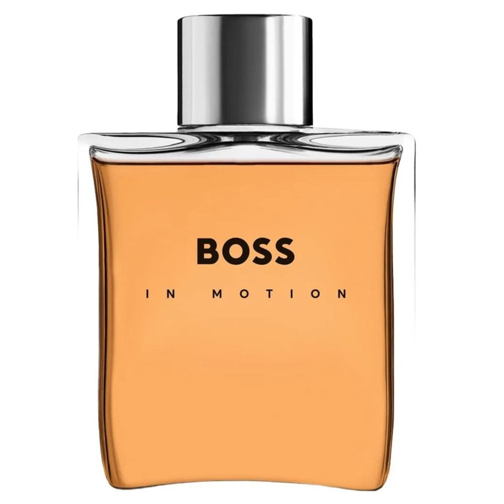 Hugo Boss Boss In Motion Eau de Toilette. Quadratischer Flakon mit silberner Kappe. Orangefarbene Flüssigkeit. Schriftzug BOSS IN MOTION.