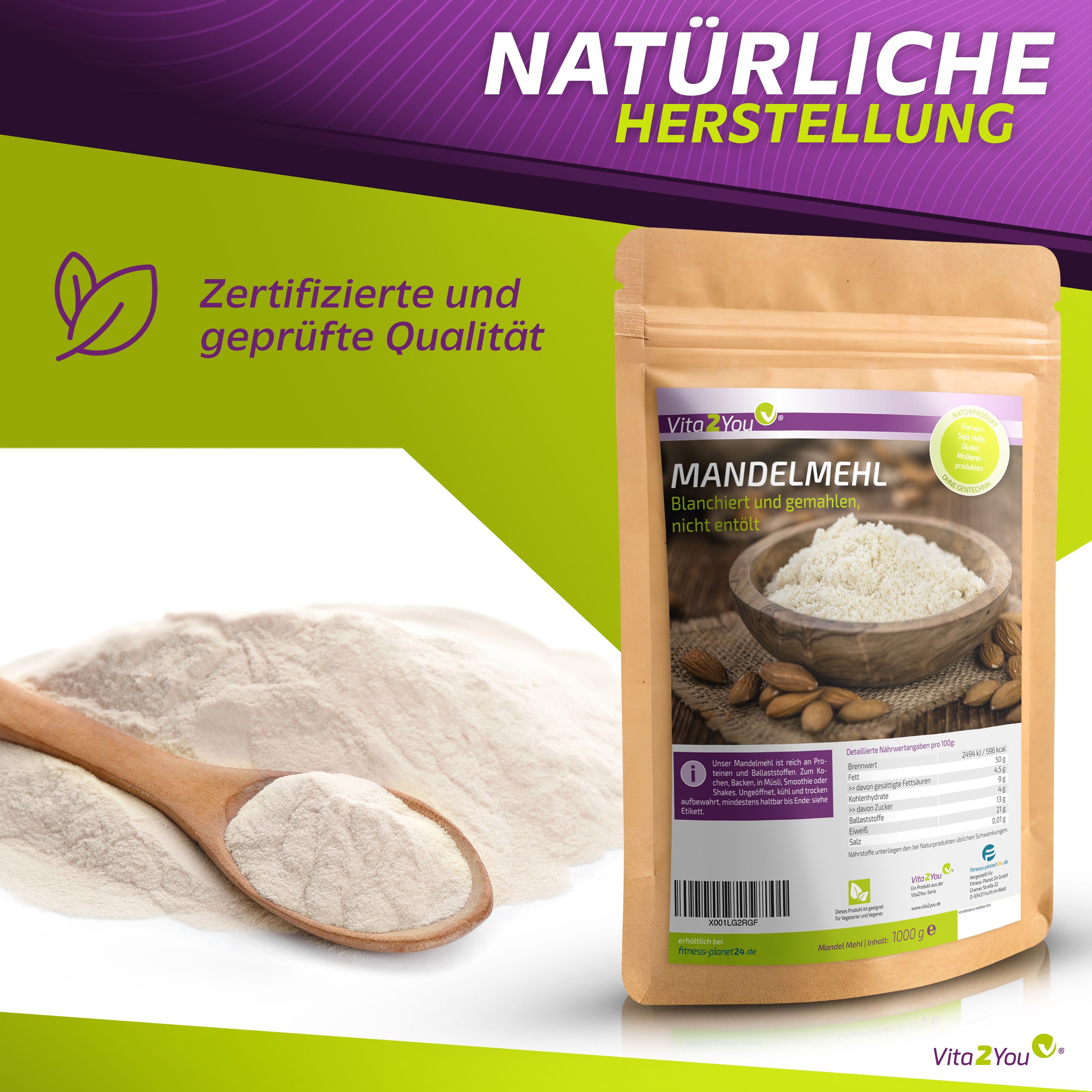 Vita2You Mandelmehl in Beutel und Löffel. Text: Mandelmehl, blanchiert und gemahlen, nicht entölt. Zertifizierte und geprüfte Qualität.