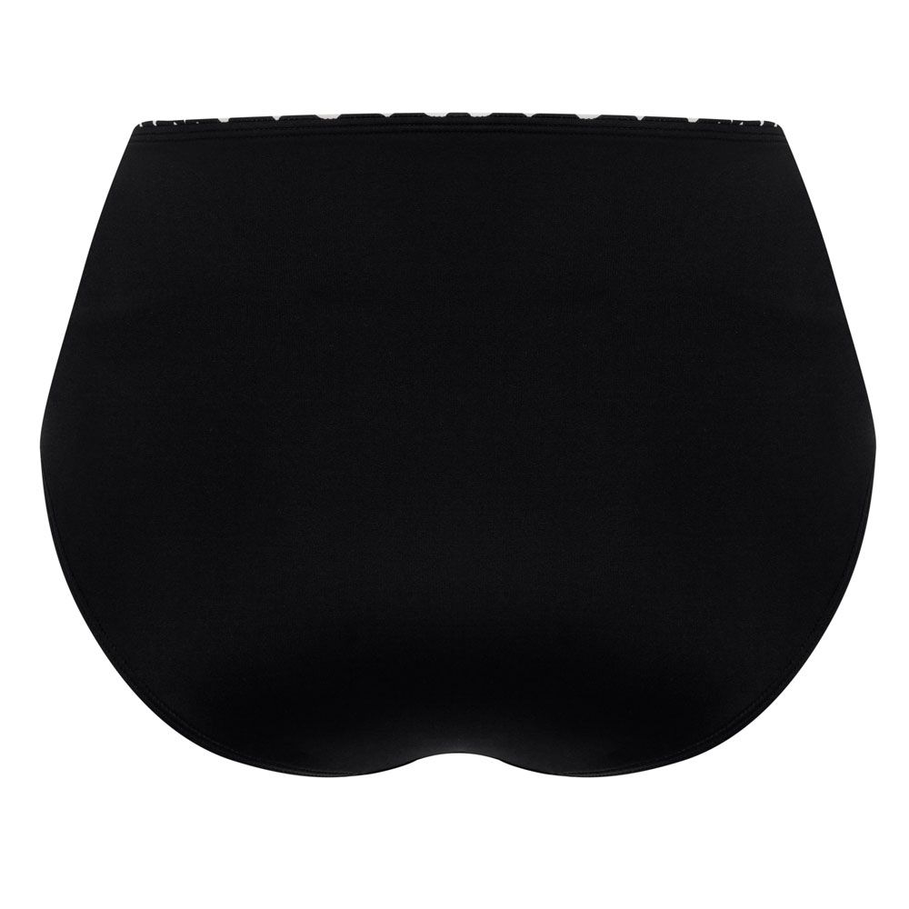 Schwarzer Bikini-Slip mit hohem Bund. Rückansicht. Weißes, gepunktetes Muster am oberen Rand.