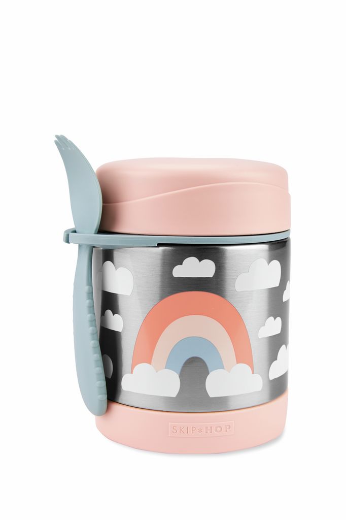 Edelstahl-Warmhaltebox mit Regenbogen-Design und Löffel-Gabel-Kombination. Rosa Deckel und Boden, silberner Behälter.