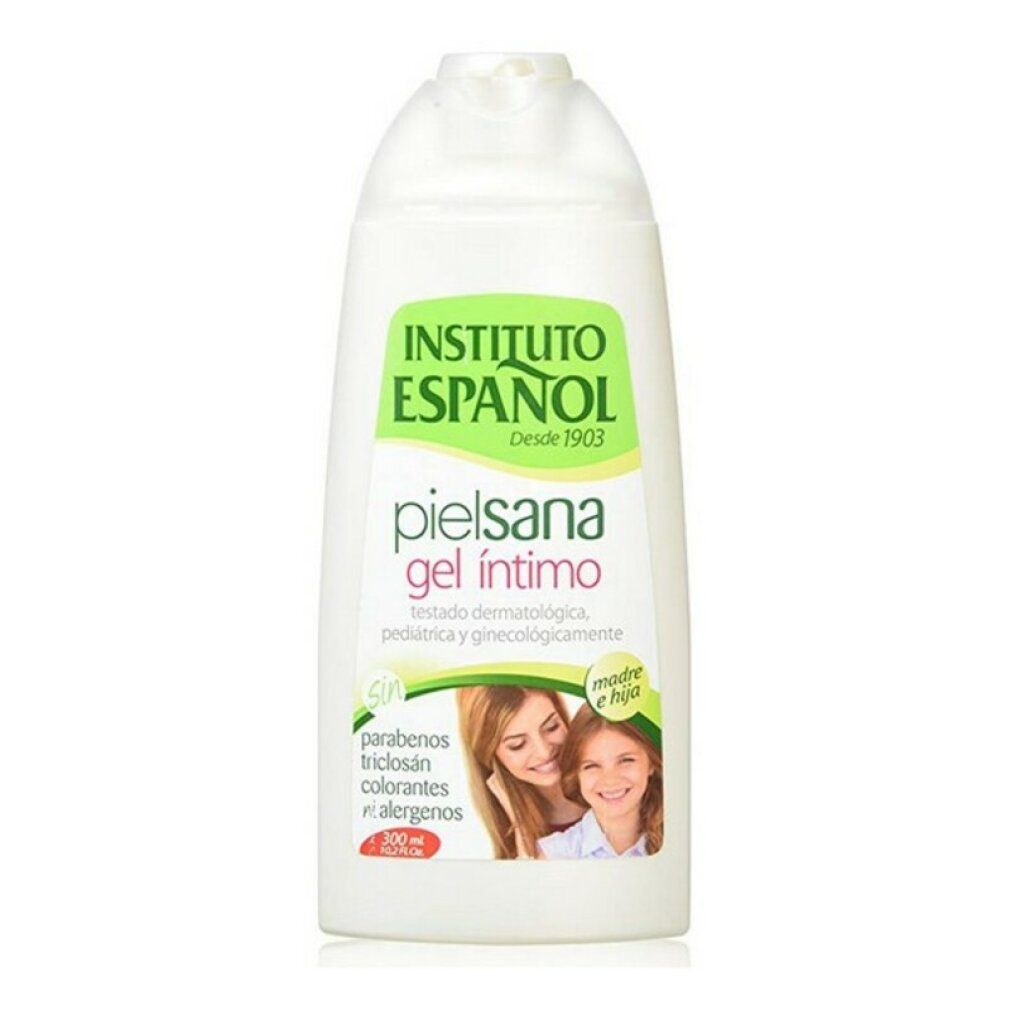 Weißliche Flasche mit grünem Etikett. Aufschrift: Instituto Español, pielsana gel íntimo. Bild von Mutter und Kind. 200 ml.