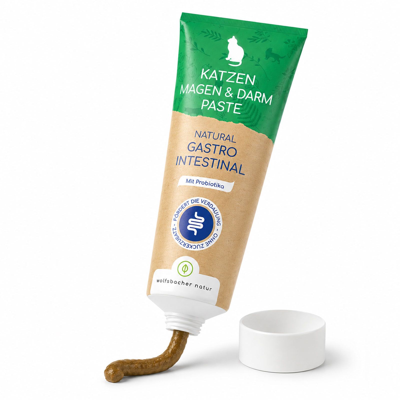 Tube mit Katzen Magen & Darm Paste, Natural Gastro Intestinal, mit Probiotika. Offener Deckel, Paste austretend.