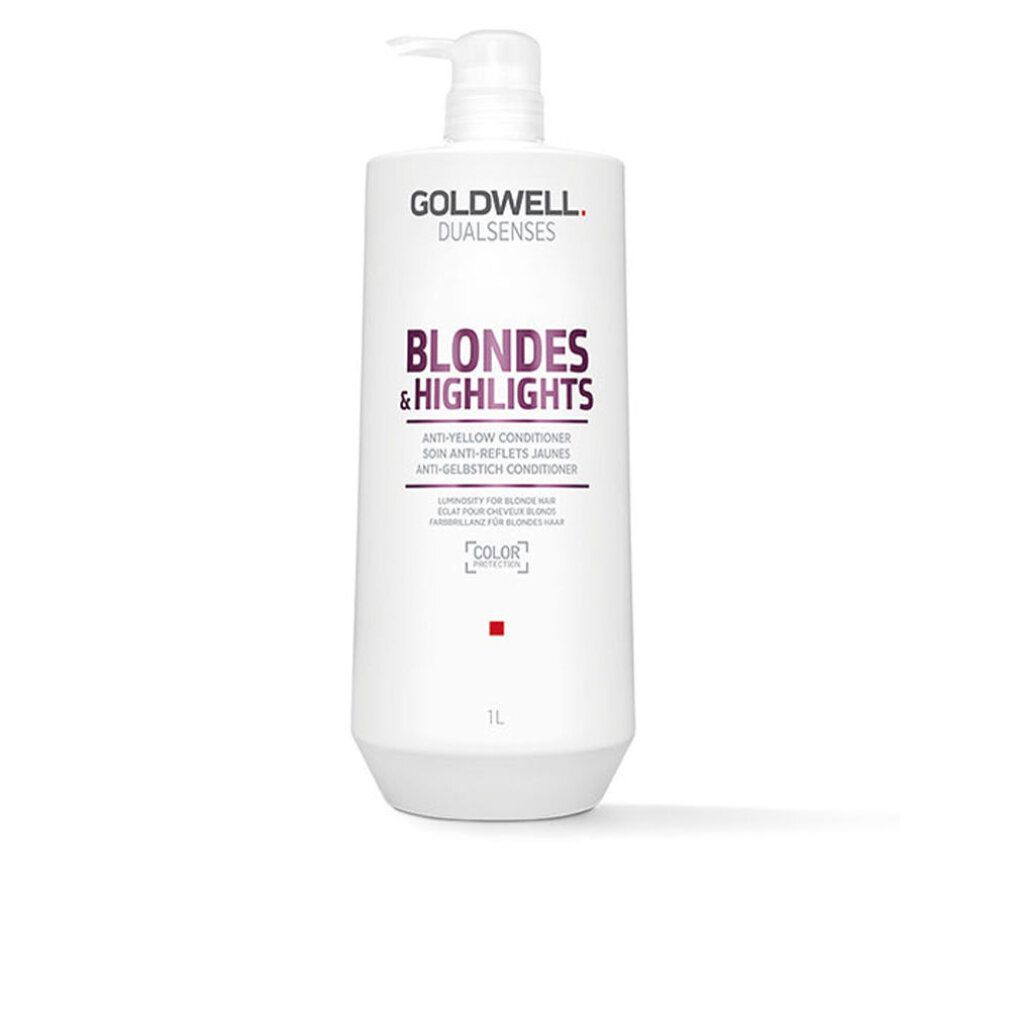 Goldwell Dual Senses Conditioner. Weiße Flasche mit Pumpe. Aufschrift: Blondes & Highlights. 1L.
