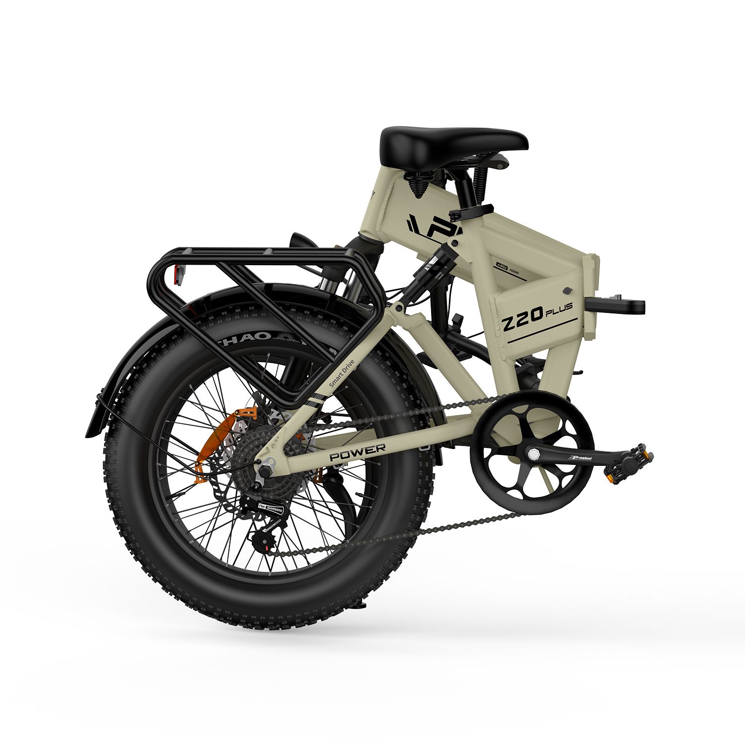 Beige E-Bike mit schwarzen Reifen und Gepäckträger. PVY Z20 Plus ist auf dem Rahmen zu sehen.