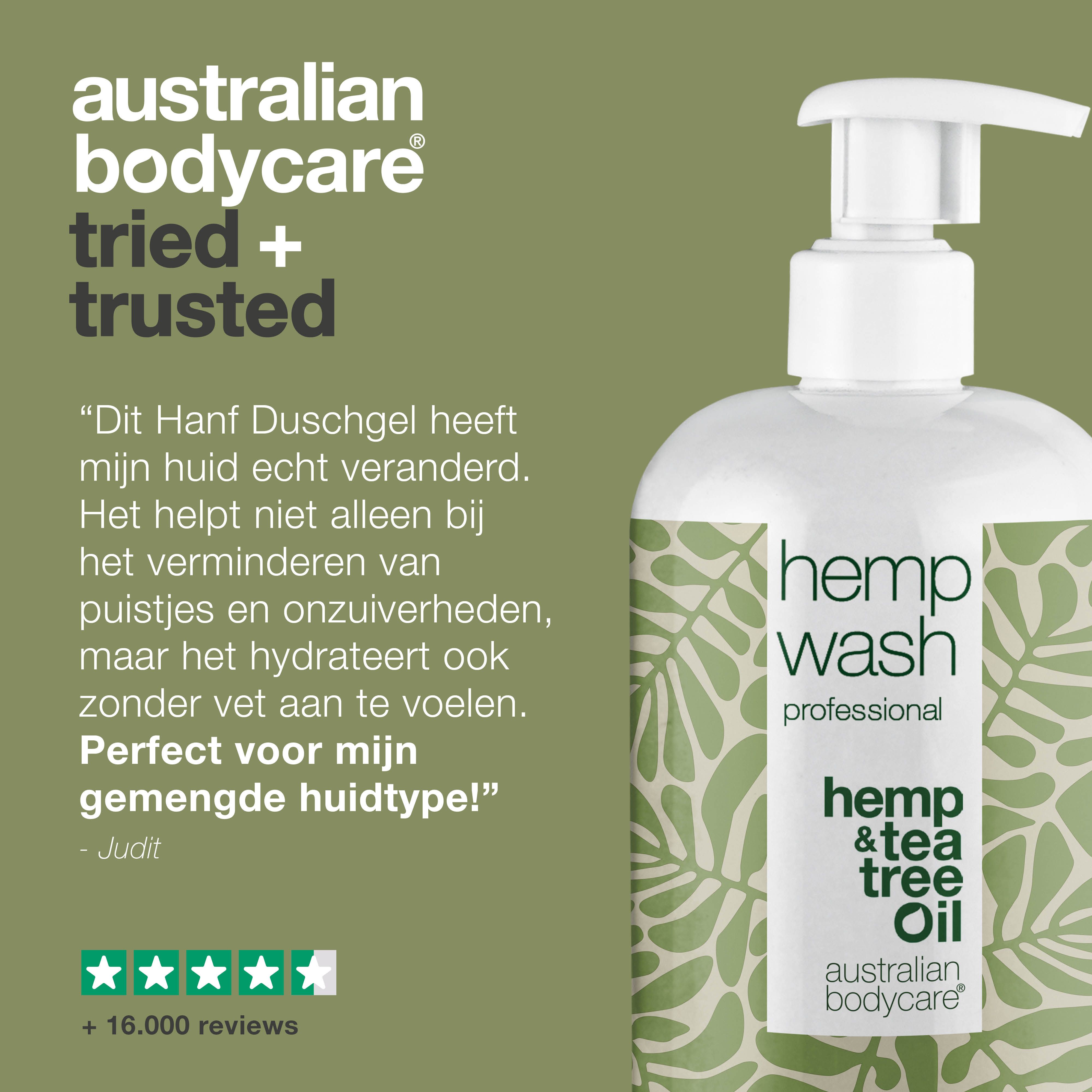 Fles met tekst: hemp wash professional, hemp & tea tree Oil, Australian Bodycare. Tekst: +16.000 beoordelingen. Citaat.