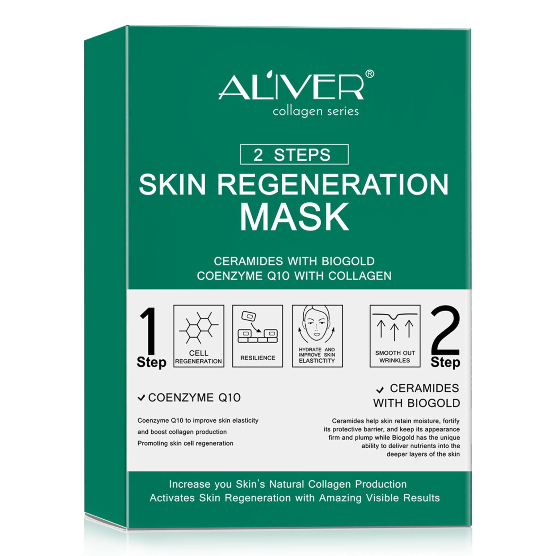 ALIVER Sistema di maschere viso anti-età in 2 fasi con collagene e coenzima Q10
