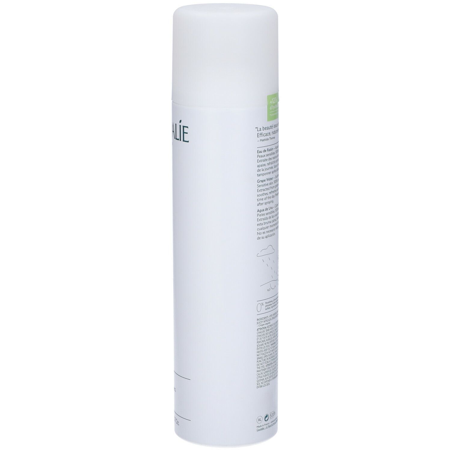 Spray Caudalie bianco. Retro con testo e illustrazioni. Flacone con erogatore spray.