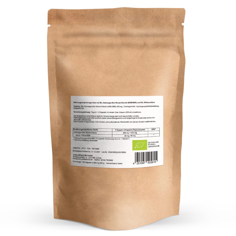 Braune Papierverpackung mit weißem Etikett. Text: Nährwertangaben, Inhaltsstoffe, Herstellerinformationen. Bio-Siegel.