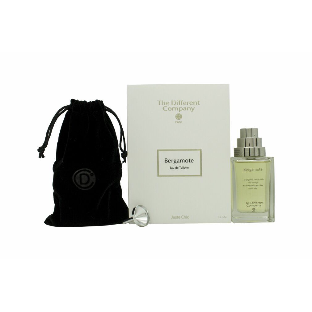 Parfümflakon, Schachtel, Trichter und Beutel. Aufschrift: The Different Company, Bergamote, Eau de toilette.