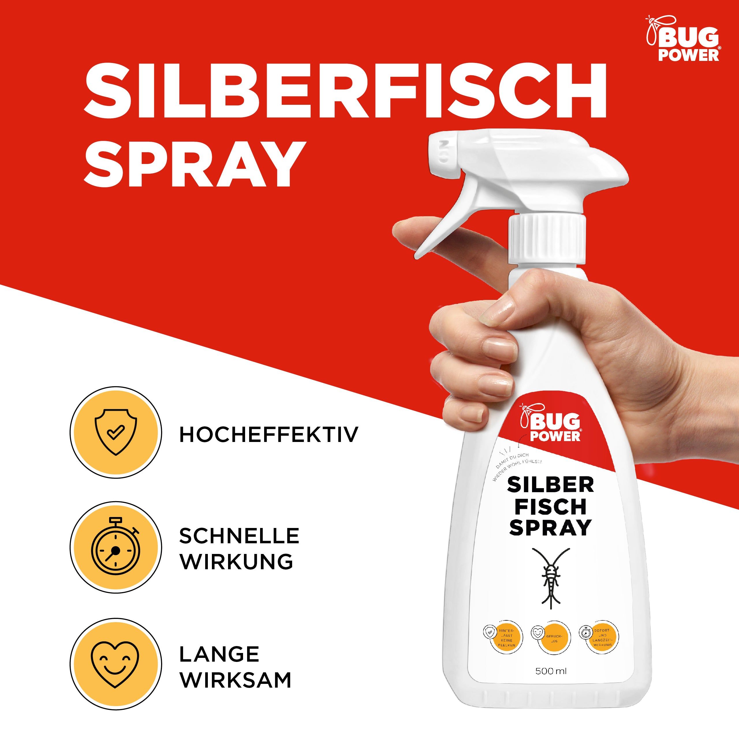 Weiße Sprühflasche mit rotem Hintergrund. Aufschrift: Silberfisch Spray. Symbole: hocheffektiv, schnelle Wirkung, lange wirksam.
