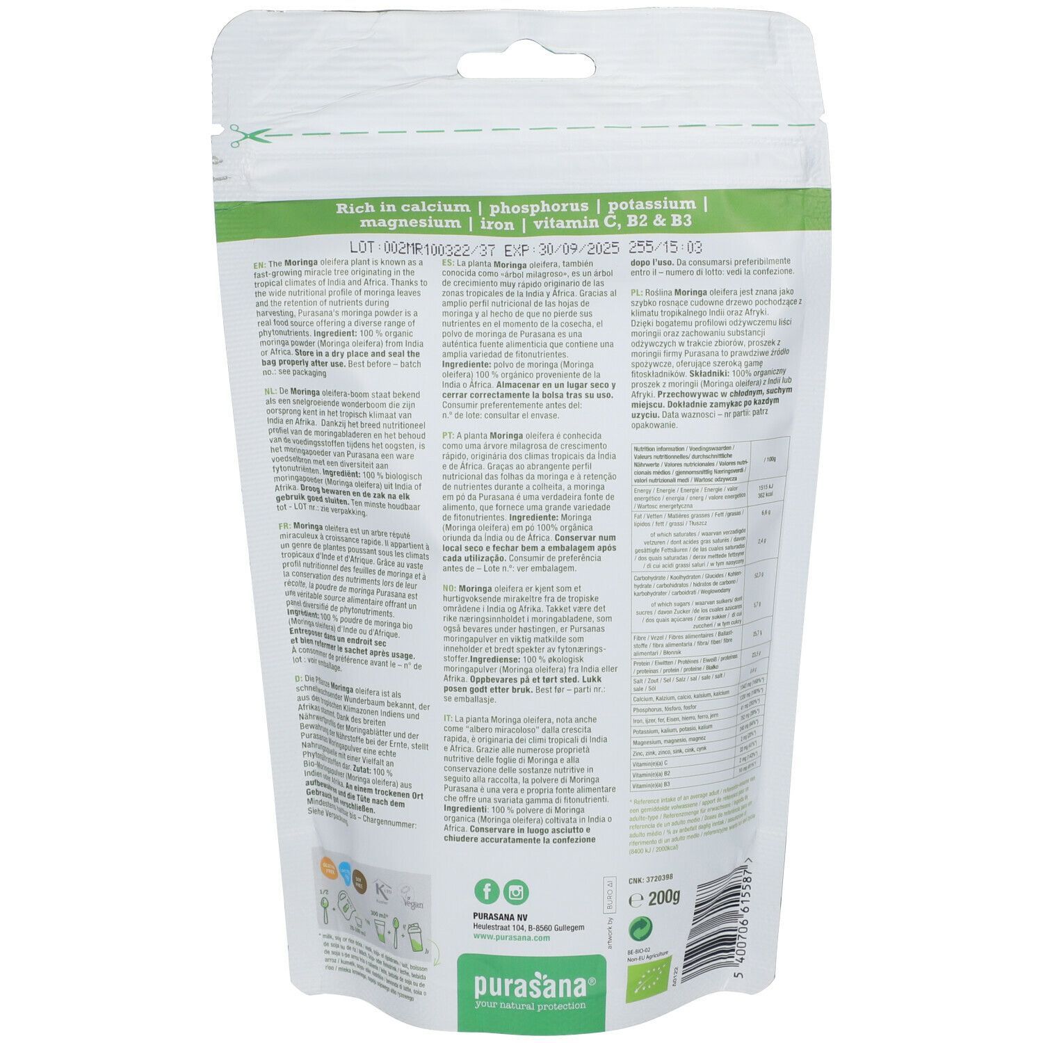 Dos du sachet de poudre de moringa purasana®. Texte multilingue, informations nutritionnelles et label bio. Contient 200g.