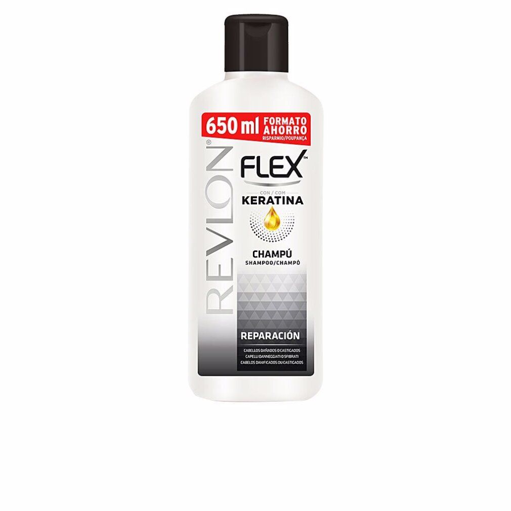 Flasche Revlon Flex Shampoo. Weiß, schwarzer Deckel. Schriftzug: Flex, Keratin, Champú. 650 ml.