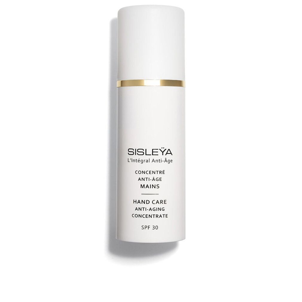 Weißer Flakon mit goldfarbenem Ring. Aufschrift: Sisleya L'Intégral Anti-Âge, Concentré Anti-Âge Mains, Hand Care Anti-Aging Concentrate, SPF 30.