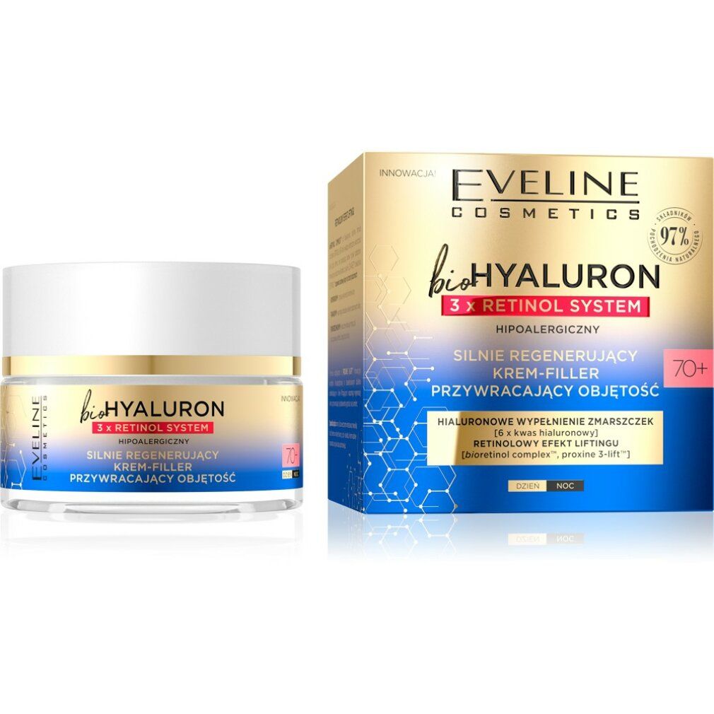 Creme-Filler-Produkt mit Verpackung. Aufschrift: bioHYALURON 3xRetinol System, 70+. Goldfarbene Verpackung mit blauen Akzenten.