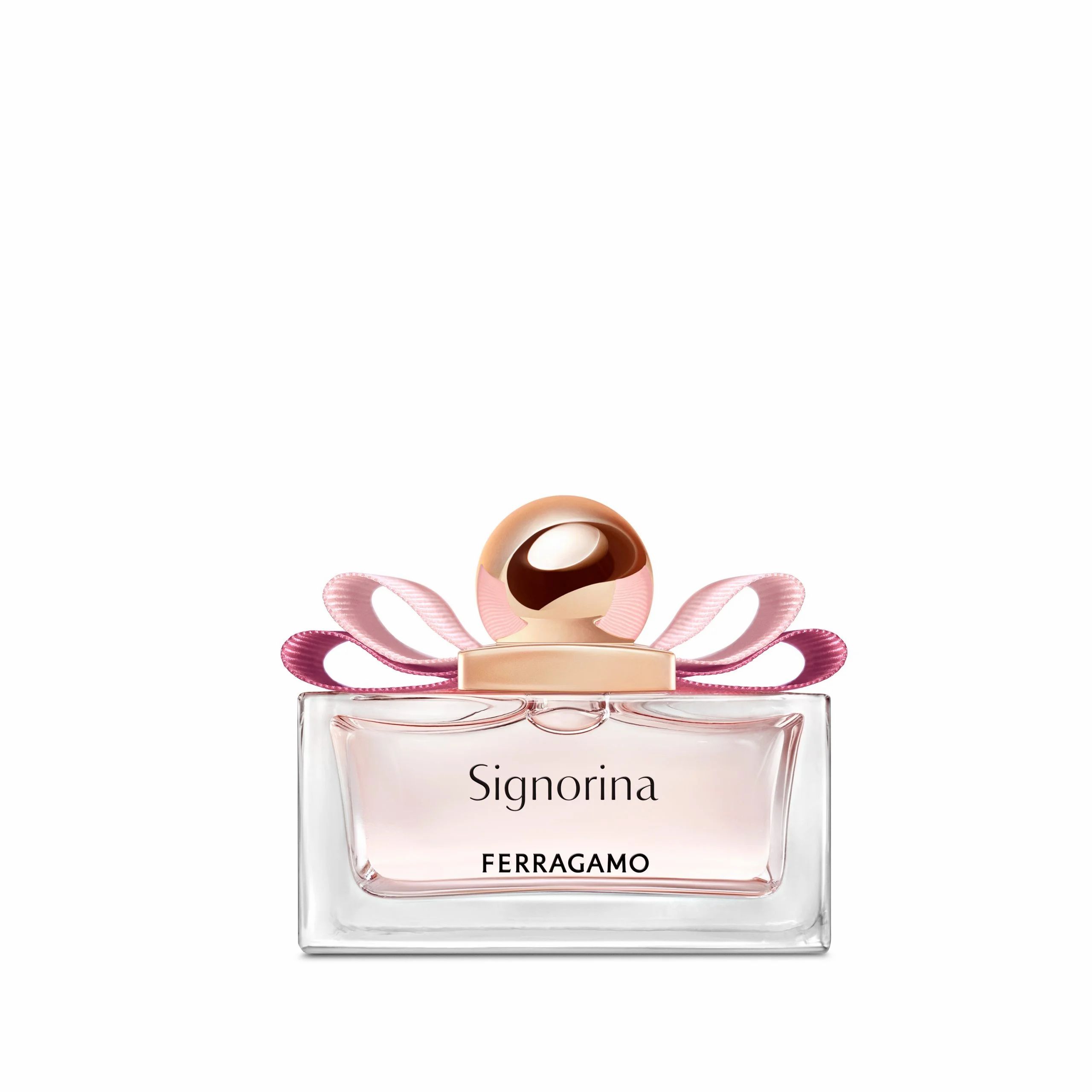 Parfümflakon mit rosa Flüssigkeit, quadratisch, mit rosa Schleife und goldener Kappe. Signorina von Ferragamo.