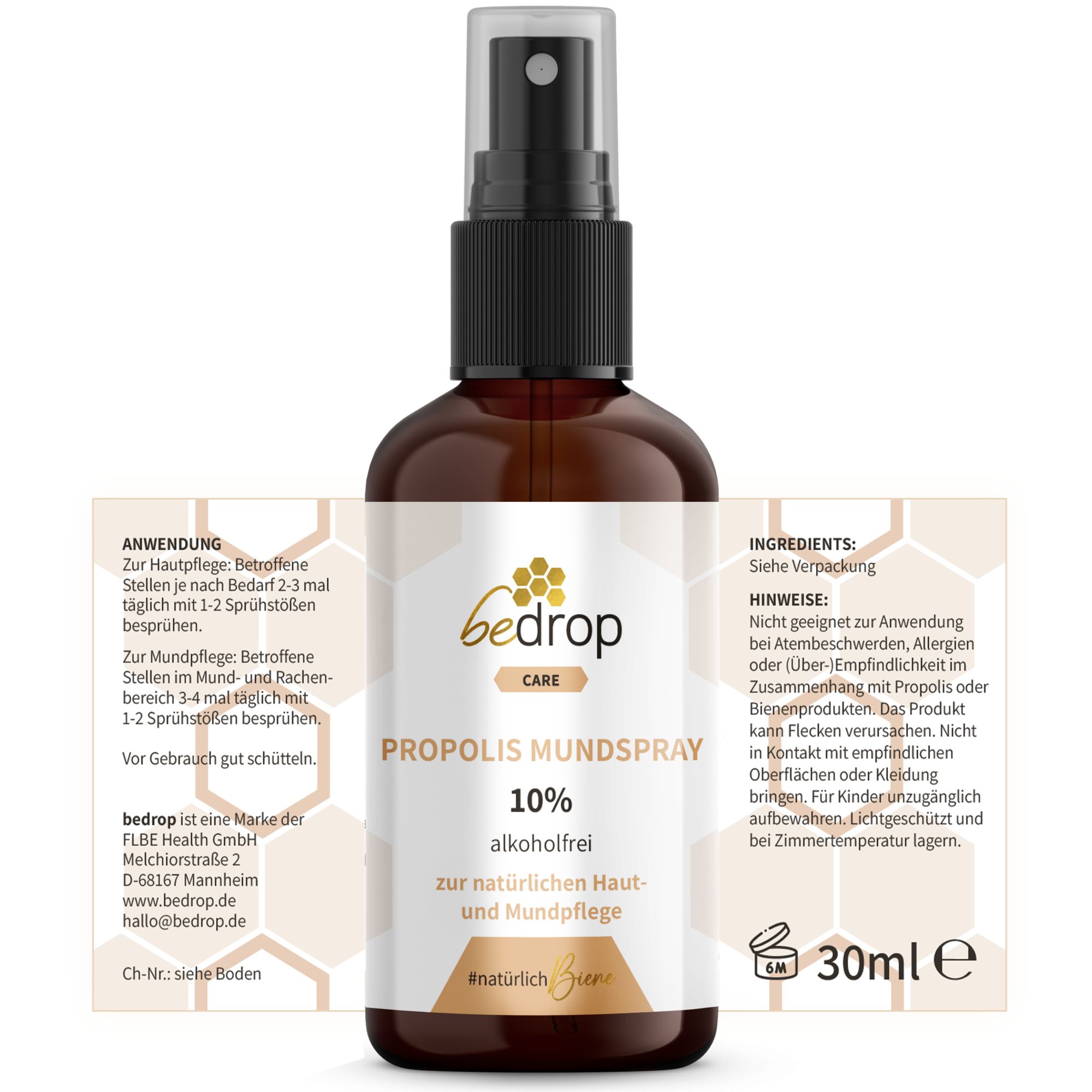 Braune Flasche mit schwarzem Verschluss. Aufschrift: bedrop care, Propolis Mundspray 10% alkoholfrei. Text auf Etikett.