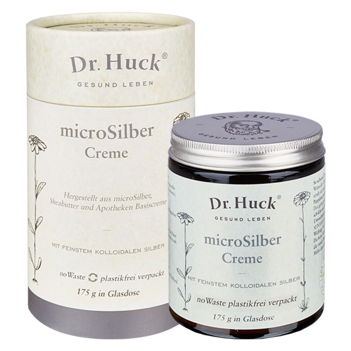 Pot en verre et emballage cylindrique avec inscription Dr. Huck microSilber Creme. Illustrations florales.