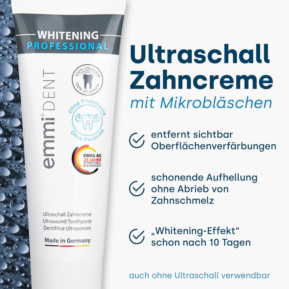 Zahncreme-Tube mit Text: Whitening Professional, emmi-dent. Enthält Mikrobläschen. Entfernt Verfärbungen, schonend, Whitening-Effekt nach 10 Tagen.