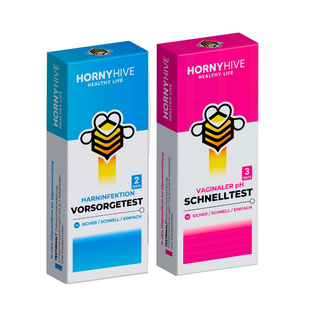 Zwei Schachteln. Links: Harnwegsinfektionstest, blau. Rechts: Vaginaler pH-Test, pink. Beide: Marke HORNYHIVE, Logo Biene.