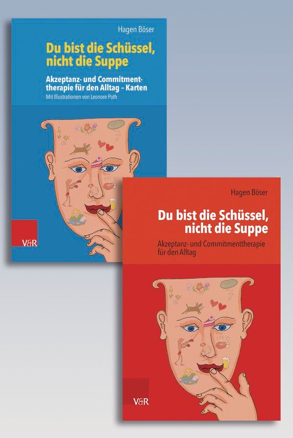 Zwei Bücher mit dem Titel "Du bist die Schüssel, nicht die Suppe". Auf dem Cover ist ein Gesicht mit Illustrationen abgebildet.
