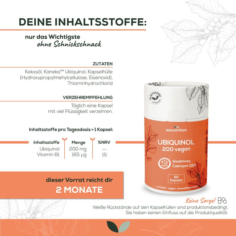 Produktabbildung mit Sanutrition Ubiquinol 200 vegan. Zutatenliste und Verzehrempfehlung. 60 Kapseln. 2 Monate Vorrat.