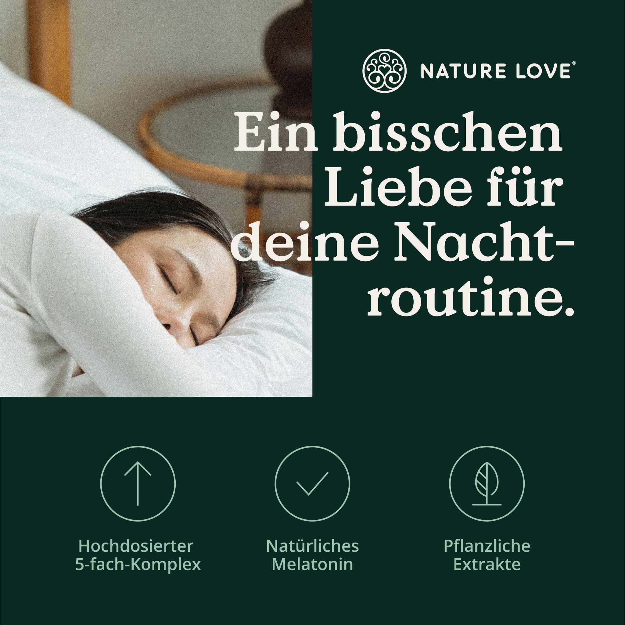 NATURE LOVE® Nacht - 90 Stk - natürliches Melatonin, Ashwagandha, Baldrian - 0,5mg Melatonin/Kapsel