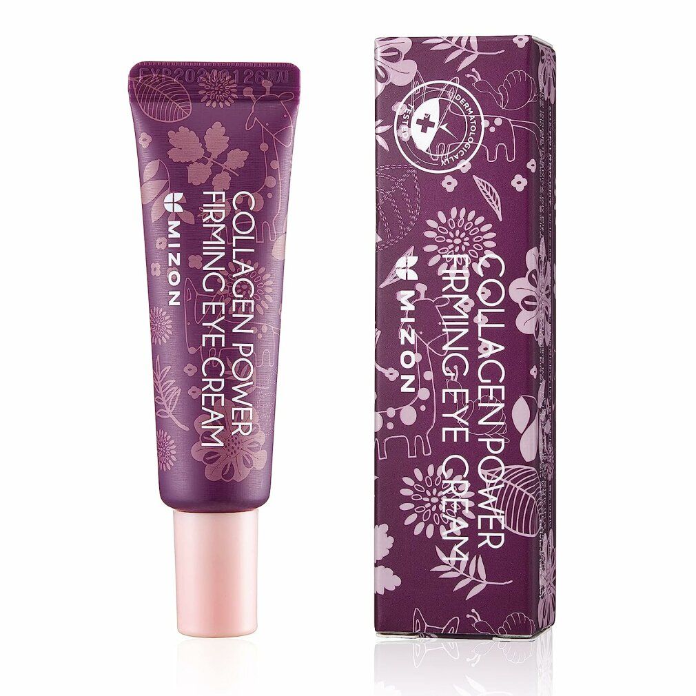 Lila Tube mit MIZON Collagen Power Firming Eye Cream und Verpackung. Floralmuster. Rosa Kappe. Text: Collagen Power Firming Eye Cream.